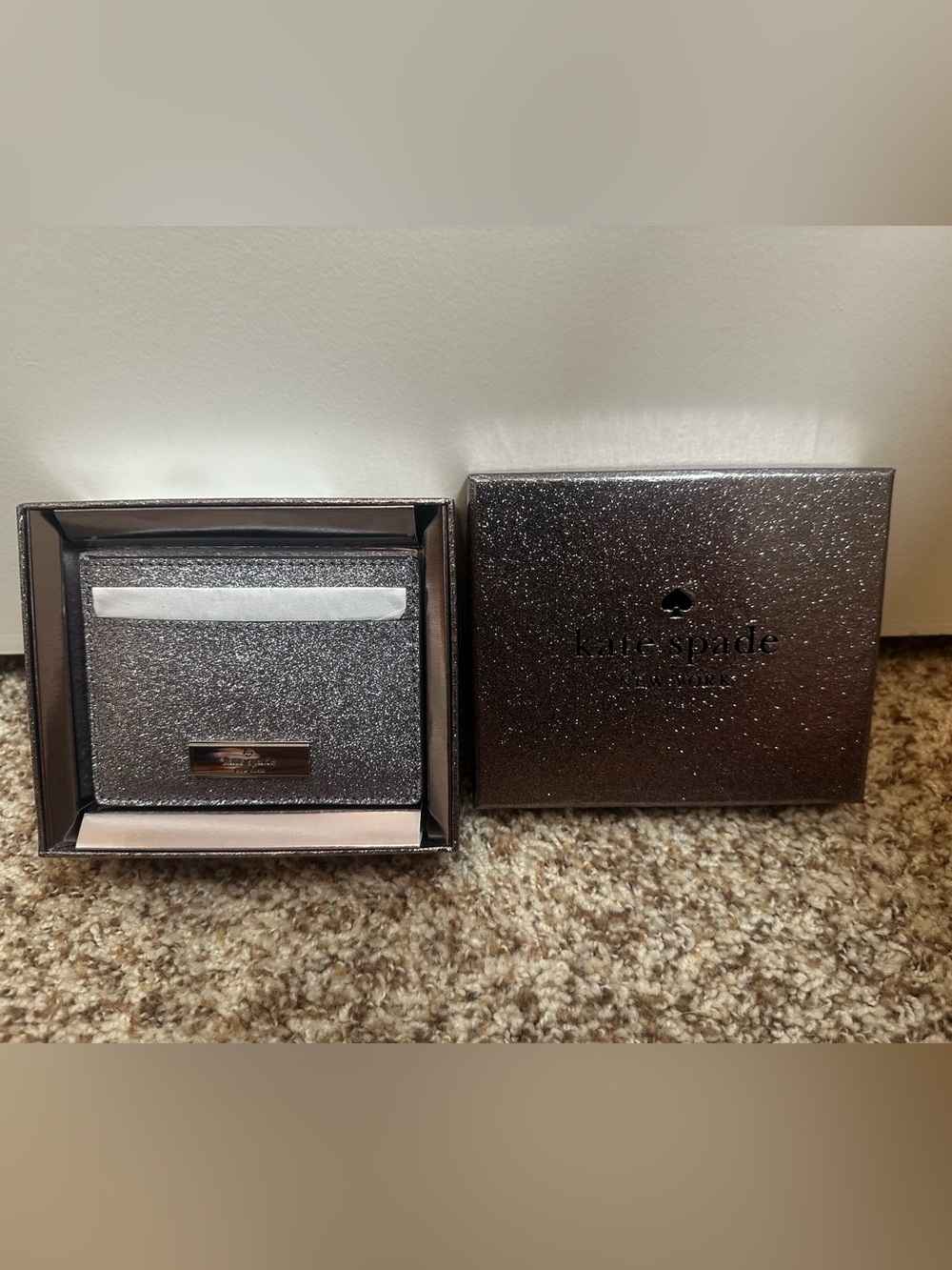 kate spade sparkle/ glitter card holder - silver/purple glitter
